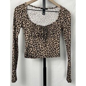 Forever 21 Crop Top Long‎ Sleeve Leopard Print Keyhole Medium Made USA Festival